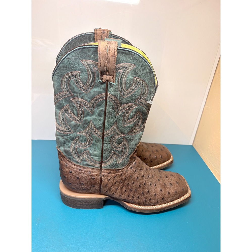 Cavenders Endurance Mens 8.5EE Ostrich Print Green Brown Cowboy Boots
